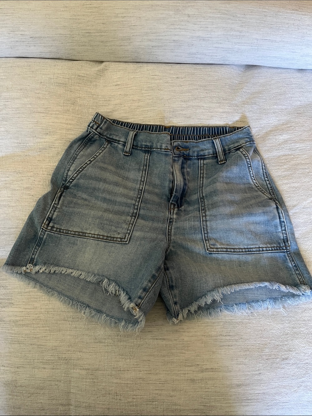 aerie Light Wash Denim Jean Shorts with Frayed Hem